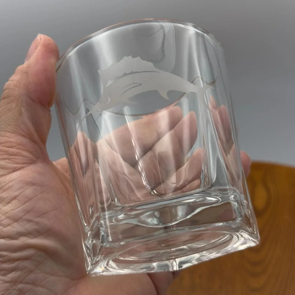Set‎ of 2 glasses Etched Swordfish Ocean Nautical Coastal